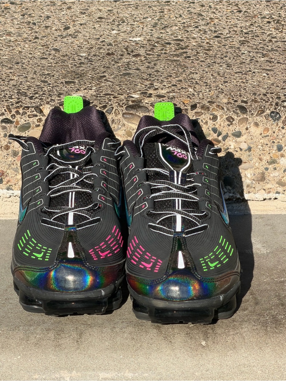 Nike Vapormax Black Iridescent Athletic Shoes with Neon Green and Pink Accents